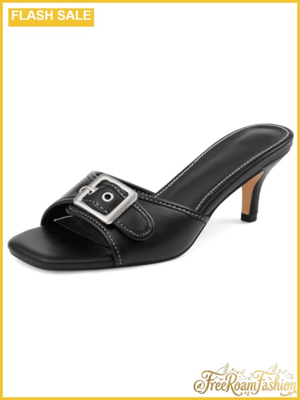 Kitten Heel Square Open Toe Sandals Slip On Mule Faux Leather